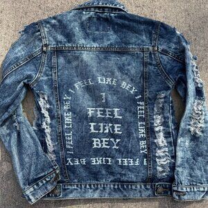 DAZL Distressed Denim Jacket Small Custom Design "I Feel Like Bey" Back Print S